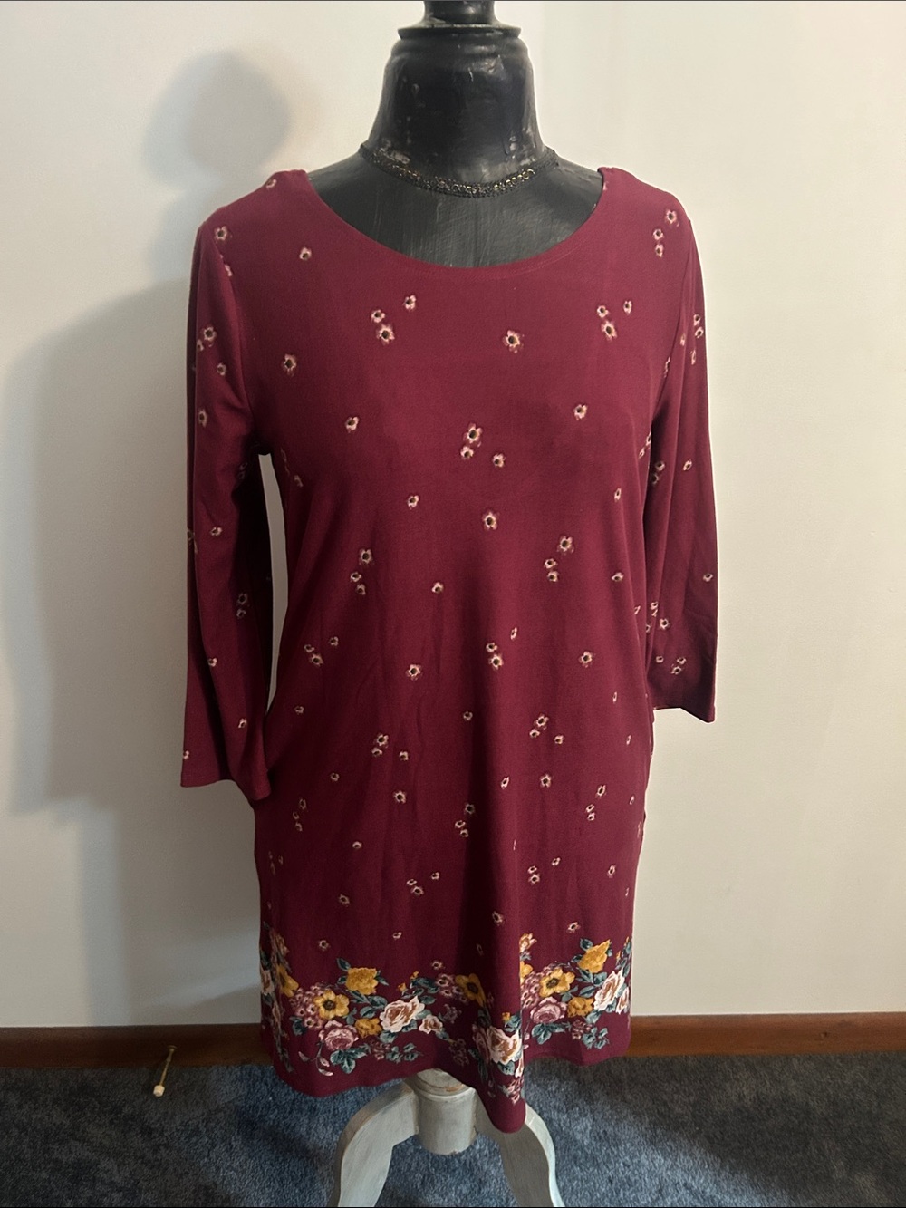 Nine Britton Burgundy Floral Border Tunic Dress